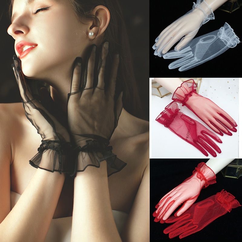 Wedding Gloves for Women, Korean Style, Transparent Thin Mesh, Short Style, Colorful, Black, White, Red, Pink, Opera, Dance Party, Halloween, Sexy