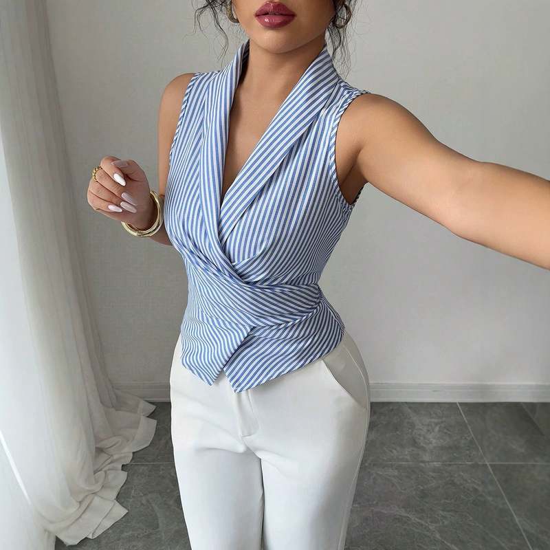 Cross-Border European and American Striped Sleeveless Shirt 2026 Summer Tie-Waist Irregular Vest Shirt Ebay Foreign Trade