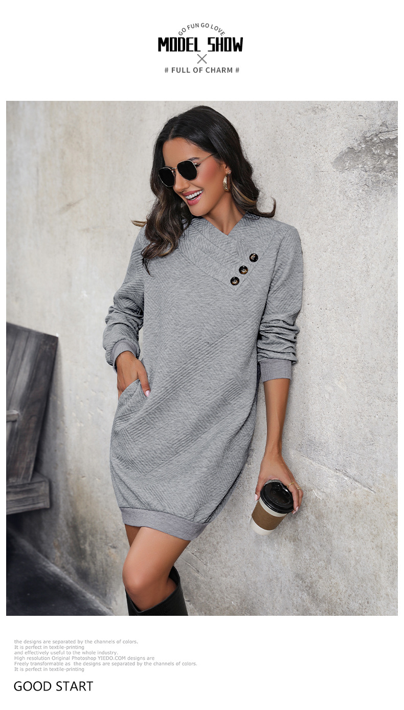 Einfarbiges, langärmliges, modisches Strickkleid mit Taschenknopf und Rundhalsausschnitt_voghion.com