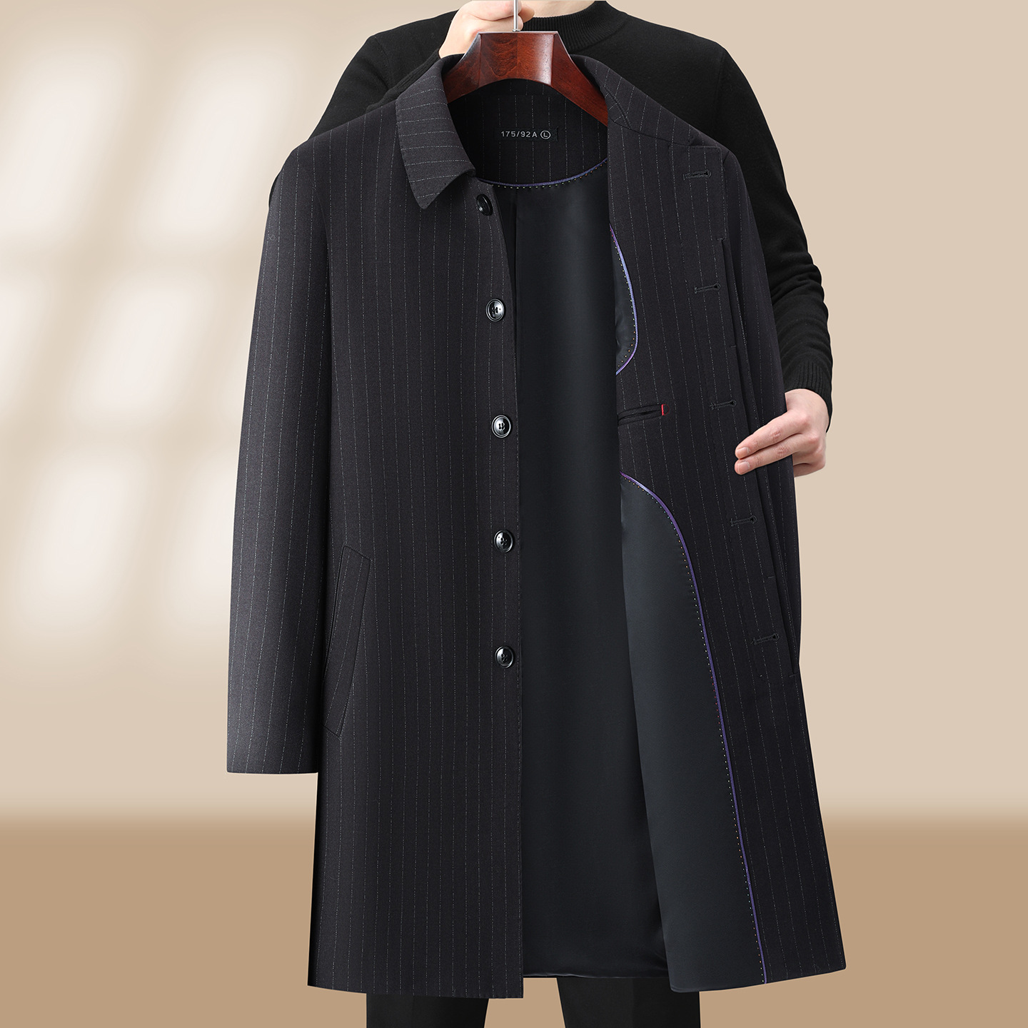 Men's wool trench coat for middle-aged fathers, new autumn and winter style, mid-length business casual lapel overcoat, button-down jacket.