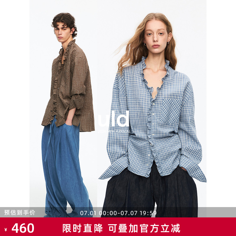 90s Edwardian collar retro salt-textured sea salt color woven plaid physical sun protection paper-feel shirt