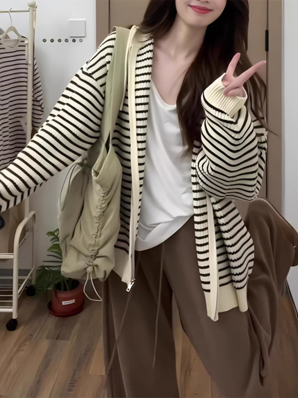 跨境抽绳连帽条纹毛衣女秋冬韩版宽松慵懒风休闲针织开衫上衣外套|undefined