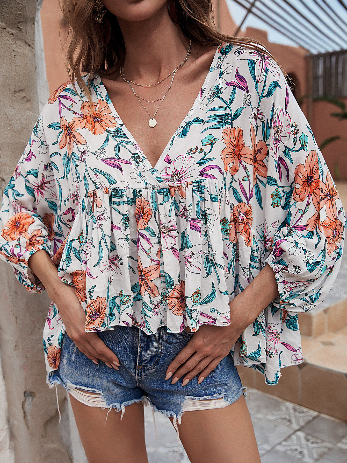 loose V-neck floral printed long-sleeved top NSNXG136732