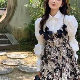 春秋新款复古港风学院风油画猫咪吊带假两件长袖连衣裙