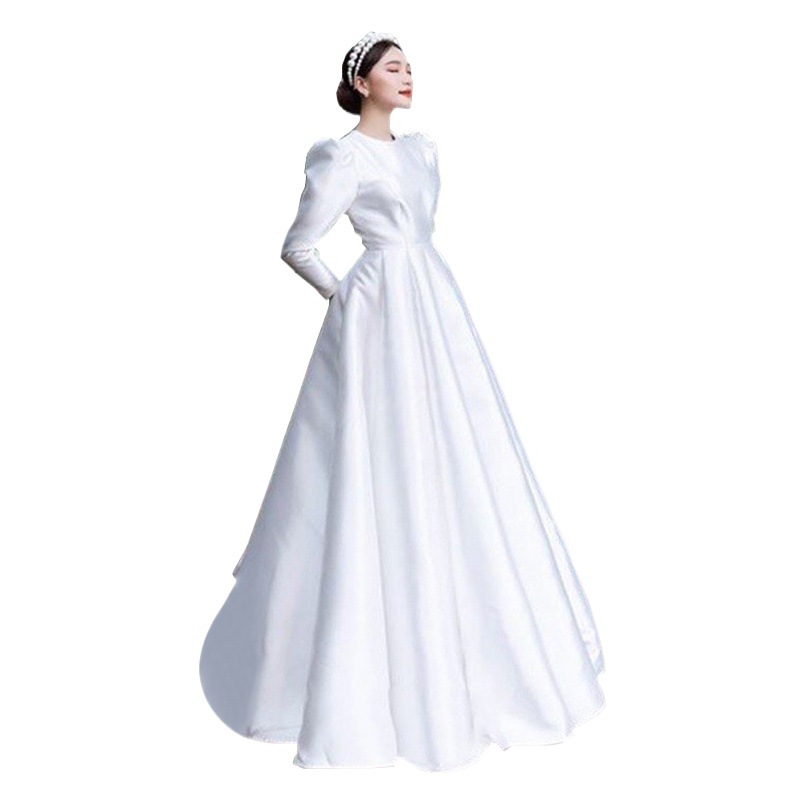 Vestido de novia estilo francés Hepburn 2026, nuevo, vintage, de tul ligero, satén sencillo, manga larga, conservador, largo hasta el suelo. image 1