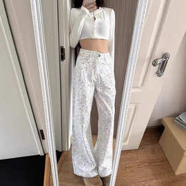 慵懒风米白色卡通印花甜美小鱼牛仔裤直筒宽松高腰显瘦阔腿拖地裤