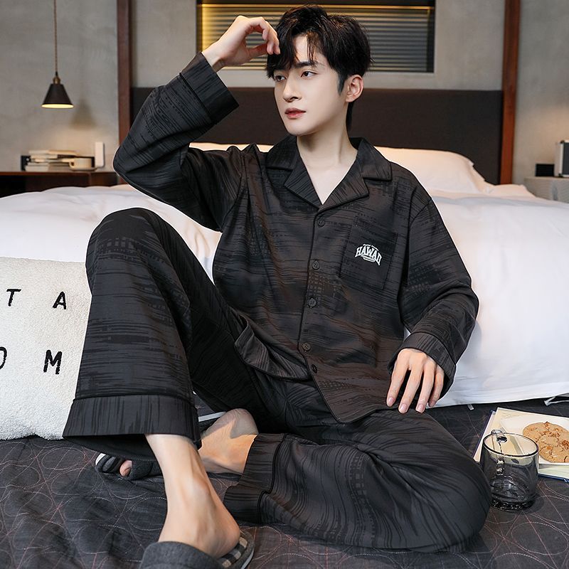 Pijamas de algodón para hombres primavera y otoño pantalones de manga larga casuales de dos piezas
