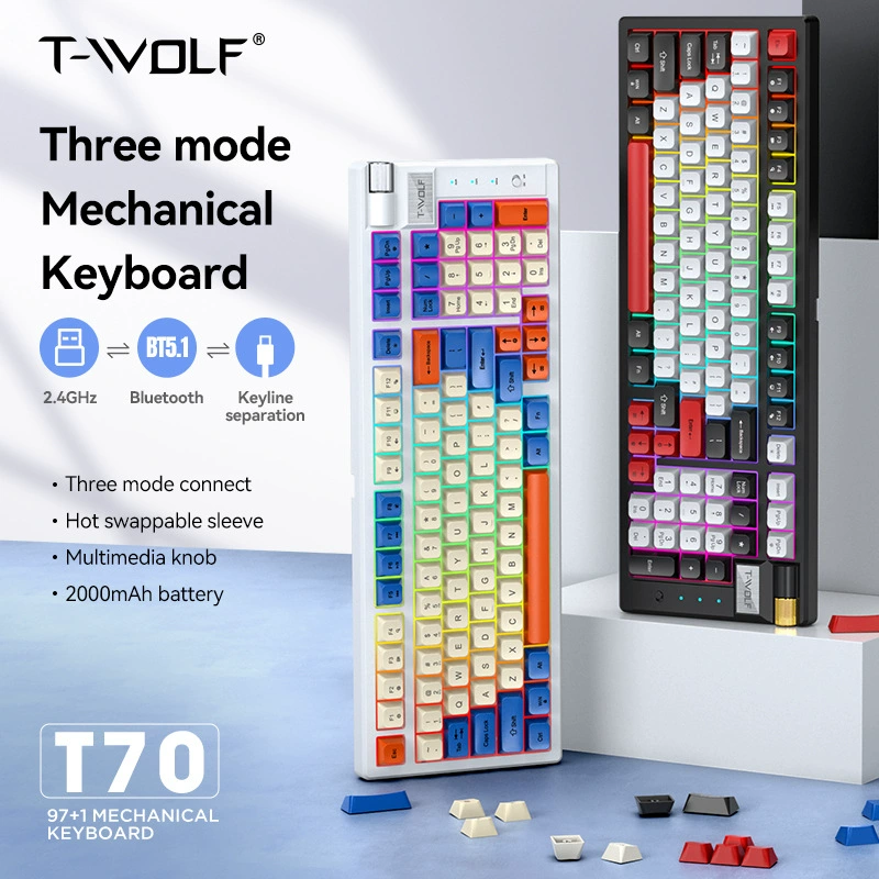 T-Wolf Thunder Wolf T70 беспроводная механическая клавиатура с Bluetooth в три режима RGB игра настраиваемая горячая вставка красный стержень бесшумная