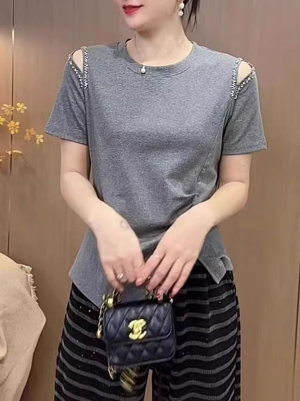 フレンチハイエンドイレギュラーオフショルダートップス夏大きいサイズファットmmシックな着用ルーズカバーTシャツ|undefined