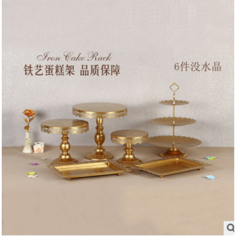 Postre de boda de oro Adornos de mesa Soporte de pastel de estilo europeo Accesorios de boda Bandeja de pastel de encaje Soporte de punto de hierro 12 piezas