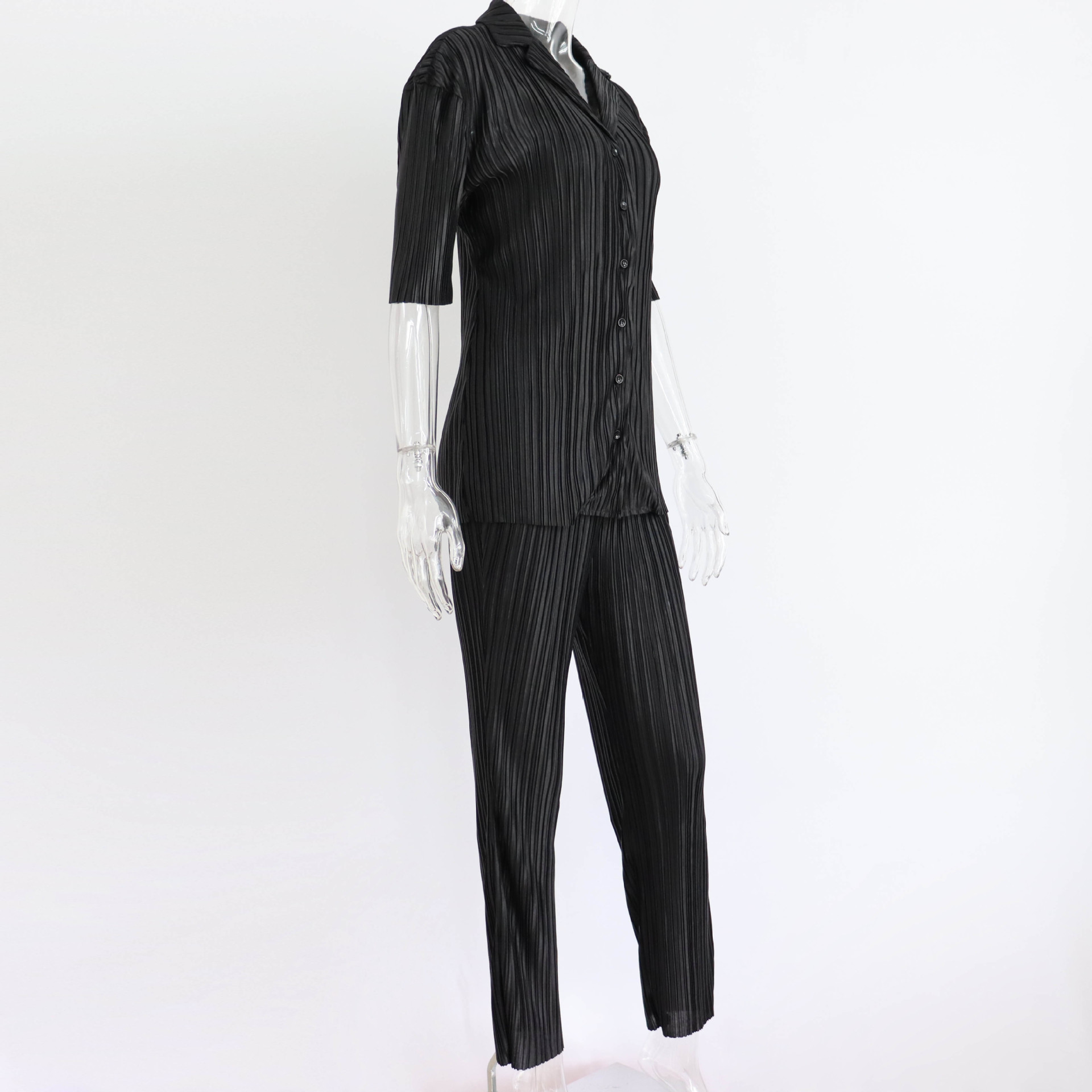 Summer Short Sleeve Loose Pleated Straight Leg Pants Two-Piece Set Sexy Complex Set Collar Sexy Set