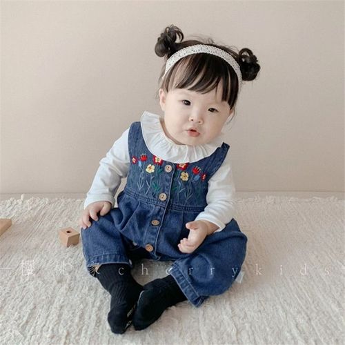 Baby Spring and Autumn Two-Piece Girl's Denim Set Cute and Stylish Outgoing Back Strap Pants One-piece Long Sleeve Hoddie