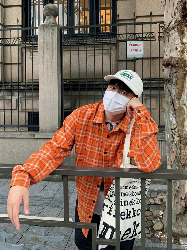American Style oldschool Orange Plaid Long Sleeve Shirt Men's Casual Small Show White High Street Shirt Thin Jacket American Style oldschool Orange Plaid Long Sleeve Shirt Men's Casual Small Show White High Street Shirt Thin Jacket