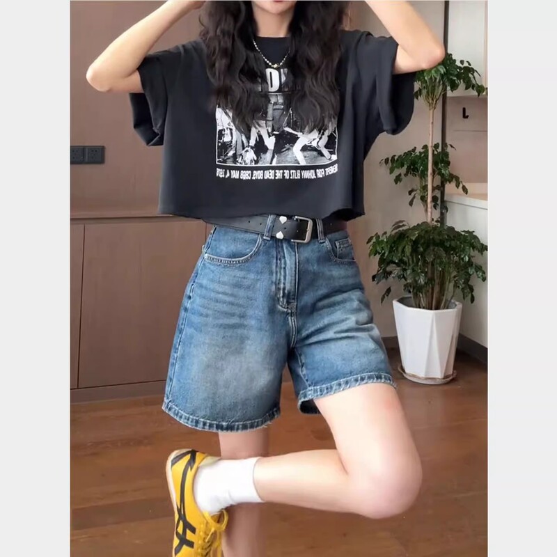 Hong Kong Style Retro New Straight-Leg Denim Shorts for Women, Summer Thin Large Size High-Waisted Loose Slimming Wide-Leg Shorts
