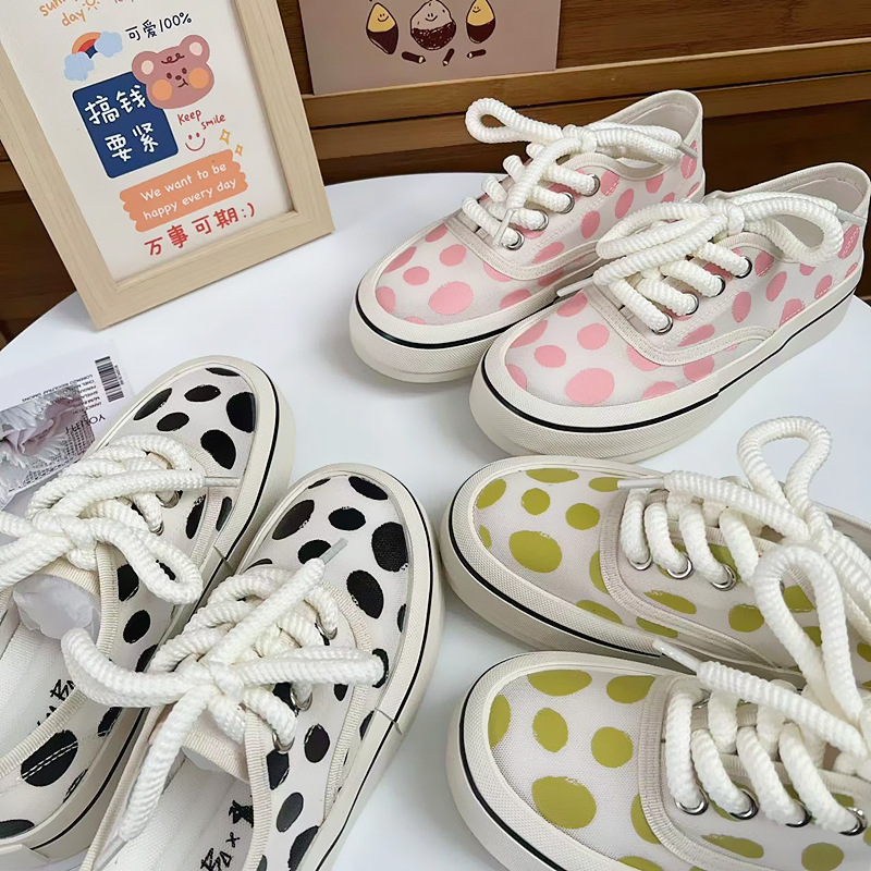 日系波点帆布鞋女新款夏季薄款女鞋网布透气休闲板鞋ins百搭女鞋