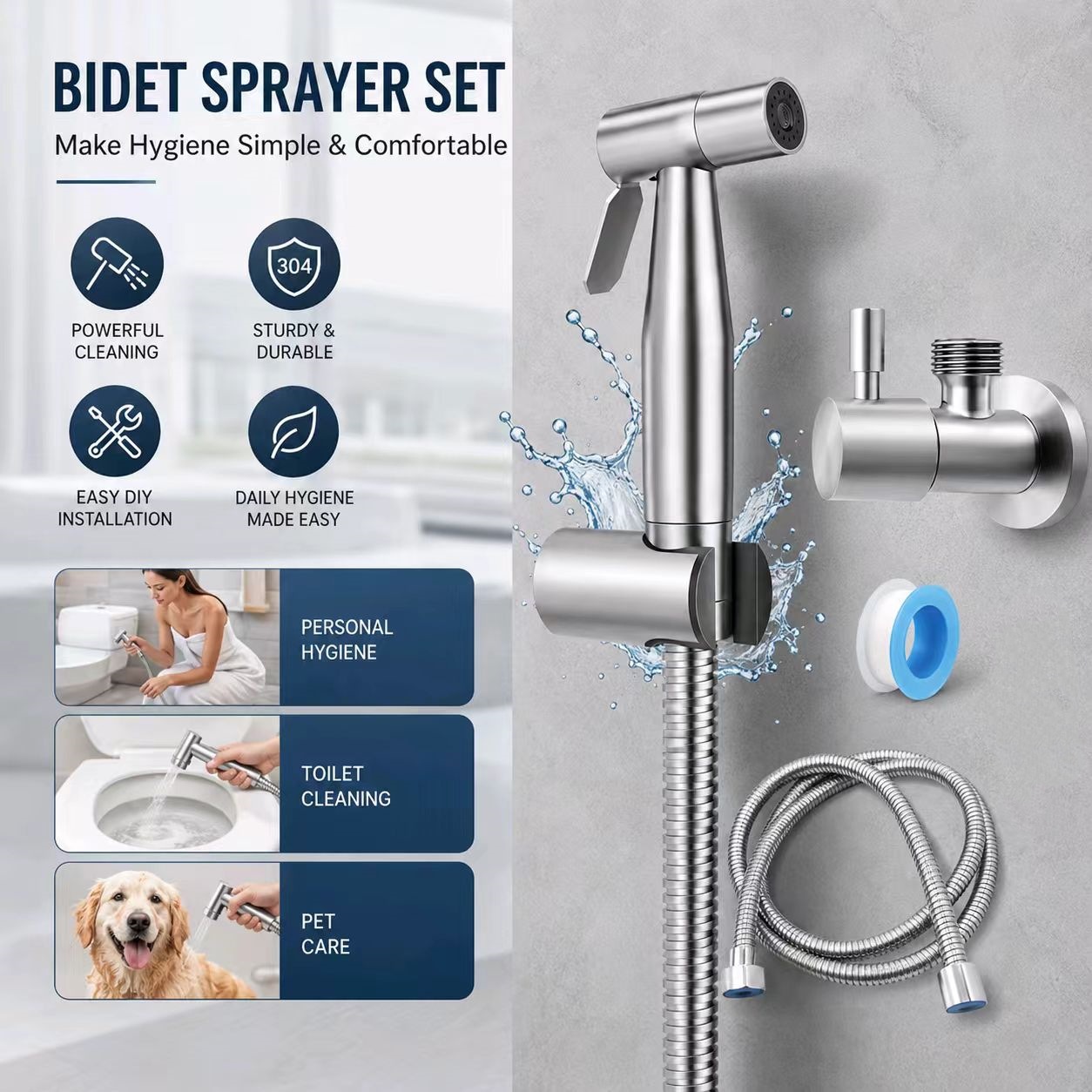 304 stainless steel toilet bidet sprayer, faucet, and pressure-boosting nozzle for bathroom use, a companion for flushing toilets