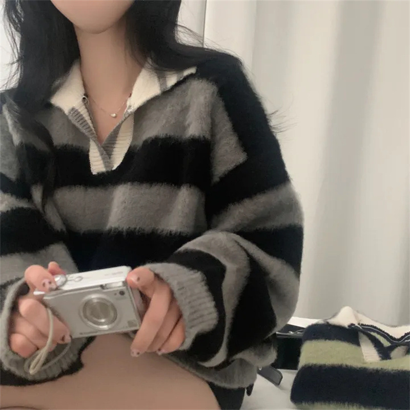 现货  蓝棕条纹polo翻领毛绒针织毛衣|undefined