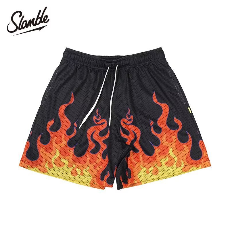 2026 Flame Digital Print Trendy Sports Shorts Basketball High Street Student Loose Casual Quarter Pants Shorts for Men