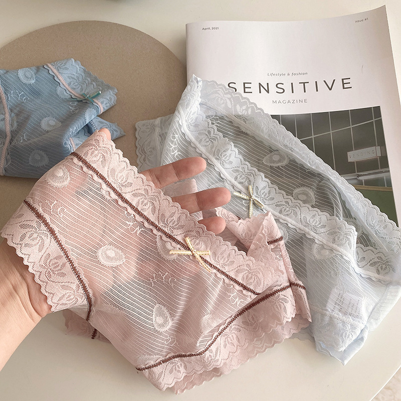 日系少女镂空冰絲網紗蕾絲內褲女性感輕薄提花棉裆中腰三角褲2022