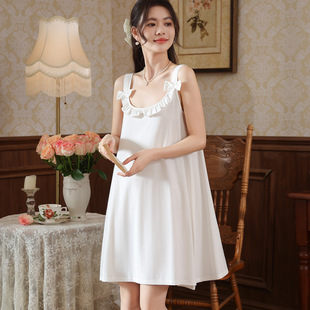 Sling Nightgown Women's Summer Cute French Style Princess Loose Sweet Pajamas Skirt with Chest Pad Outer Wear Home Cotton