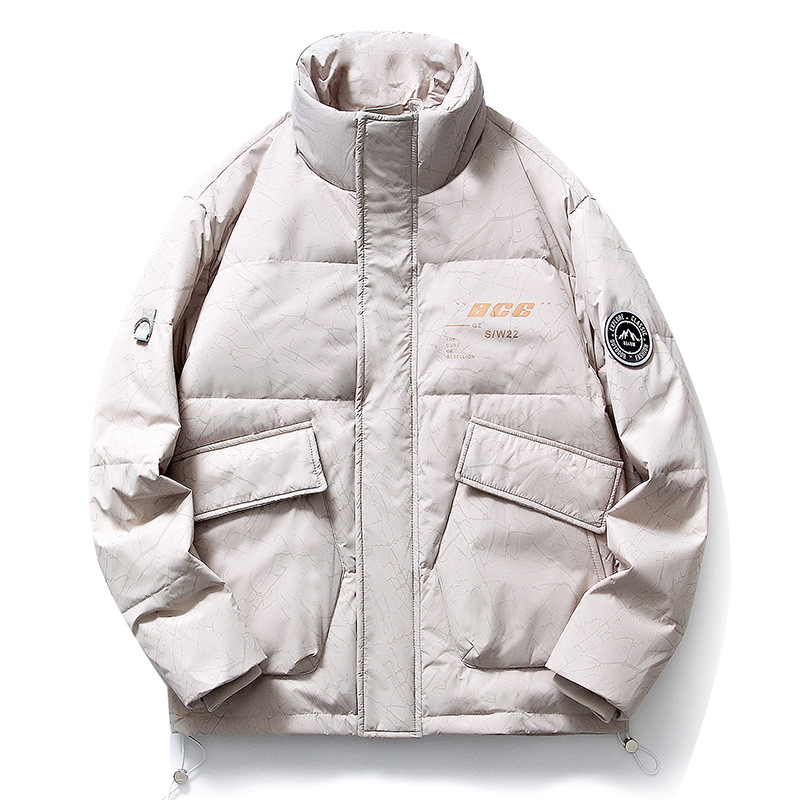 Chaqueta de plumón de cuello vertical de línea rica para hombres de invierno nueva pareja de ropa de pareja para estudiantes gruesa calentamiento 90 chaqueta de chaqueta de arroz blanco de moda