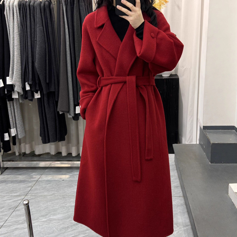 Red New Year's Coat Autumn and Winter New Double-Sided Wool Coat Women's Cashmere Coat Extra Long Loose Woolen Coat