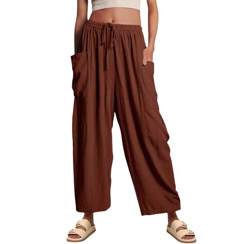 2025 Amazon TEMU Women's Fashion Elastic Waist Pleated High-Waisted Wide Leg Pants Loose Casual Cotton Linen Long Pants