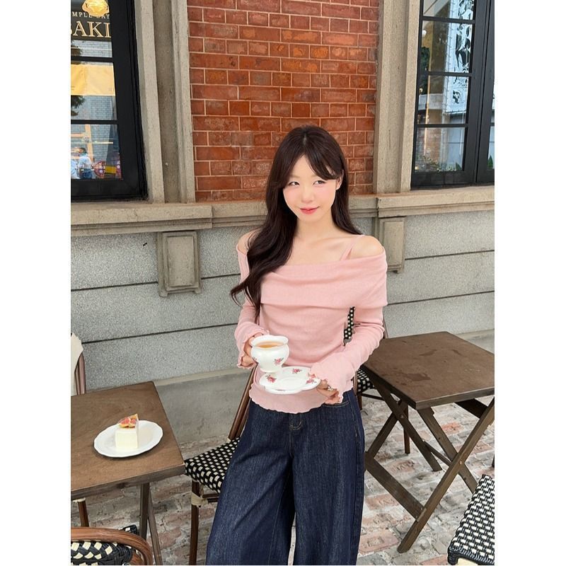 假两件露肩拼接长袖针织衫女秋冬新款修身显瘦木耳边打底上衣|undefined