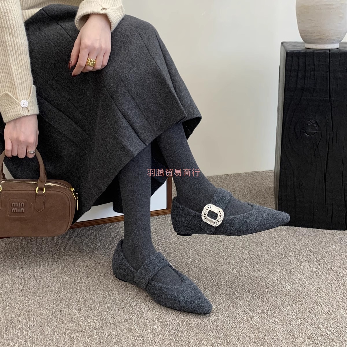 内增高灰色玛丽珍毛毛鞋女冬外穿新款法式气质厚底单鞋加绒棉鞋子