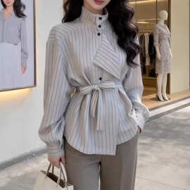条纹衬衫女设计感小众2026年春季新款收腰绑带别致立领上衣衬衣