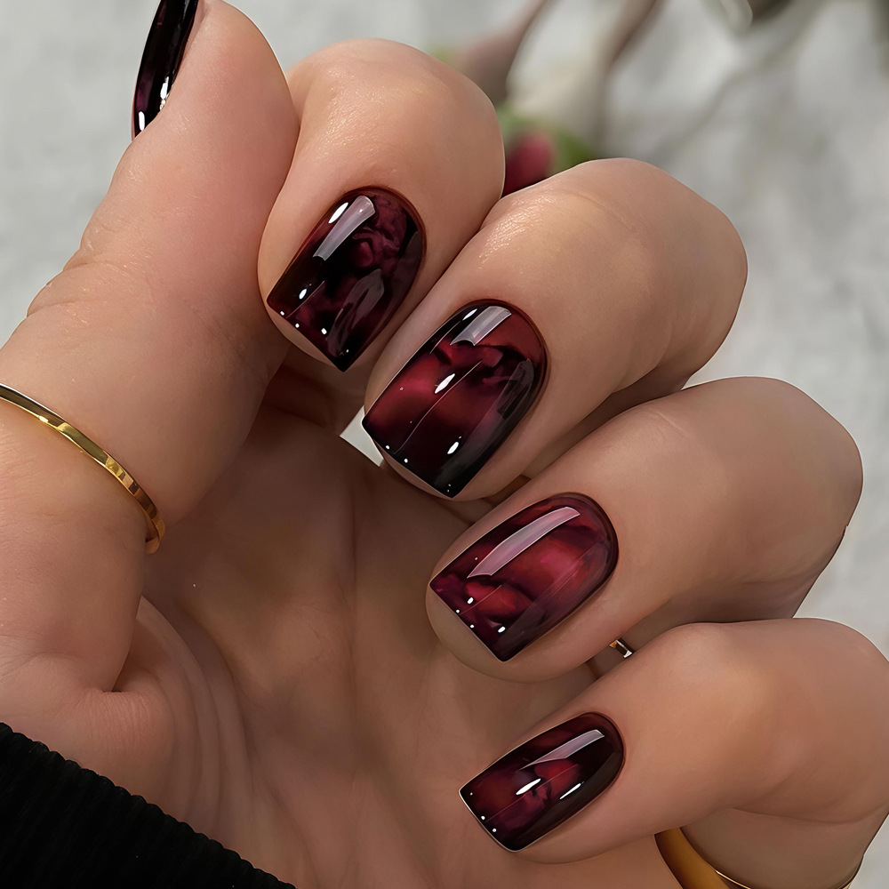 Cross-border Blood Amber Halloween Atmosphere False Nails Halloween Manicure Wearable Nails Glossy Short Square Nails