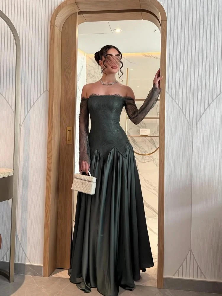 2026 nuevo vestido de noche de pecho francés de mangas largas de encaje de satén delgado vestido verde image 1