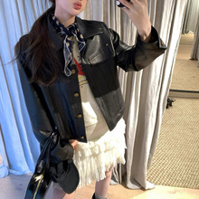 黑皮革手册 黑色皮衣中短款翻领外套高级感铆钉休闲上衣
