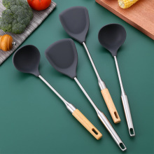 不锈钢硅胶锅铲勺厨具套装家用木柄炒勺勺子汤勺烹饪四件套批发