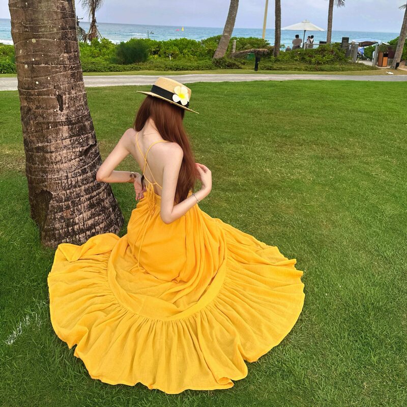 In-Stock High-Quality 2026 New Holiday Style Mango Yellow Backless Spaghetti Strap Dress with Built-In Bra Pads, Long Dress for Women In-Stock High-Quality 2026 New Holiday Style Mango Yellow Backless Spaghetti Strap Dress with Built-In Bra Pads, Long Dress for Women