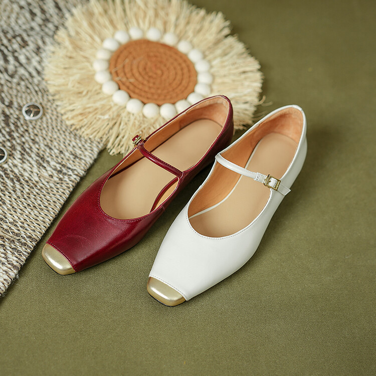 Leather two-tone retro Mary Jane shoes square toe low-cut flat