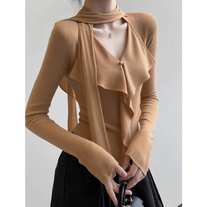 Korean Style Early Autumn Wear Niche Design Unique Super Nice High-Quality Elegant Ribbon Camel Ruffled Knitwear