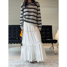 早秋新款波西米亚浪漫风镂空蕾丝花瓣纯色半裙宽松大摆长裙女