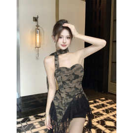 实拍 复古辣妹性感迷彩撞色黑色蕾丝拼接不规则抹胸裹胸上衣