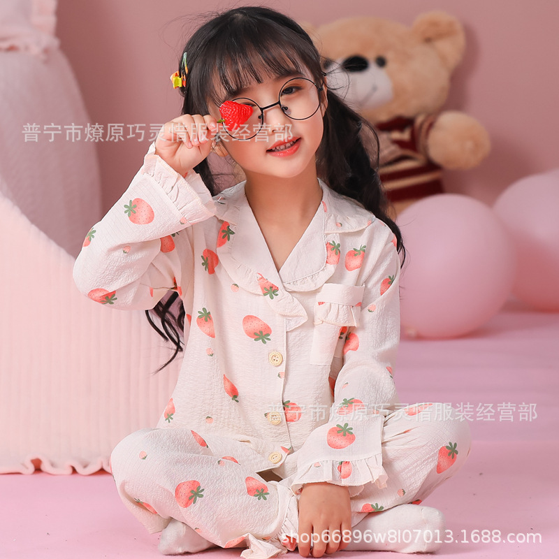Pijama de niñas primavera y otoño dibujos animados tela espuma de tela delgada manga larga lindo ropa para niños de tamaño medio y grande ropa para el hogar