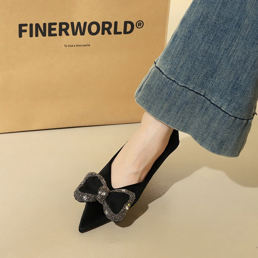 2873-H123 Korean version comfortable Xishi velvet rhinestone bow professional low heel pointed toe one foot fashionable women's shoes