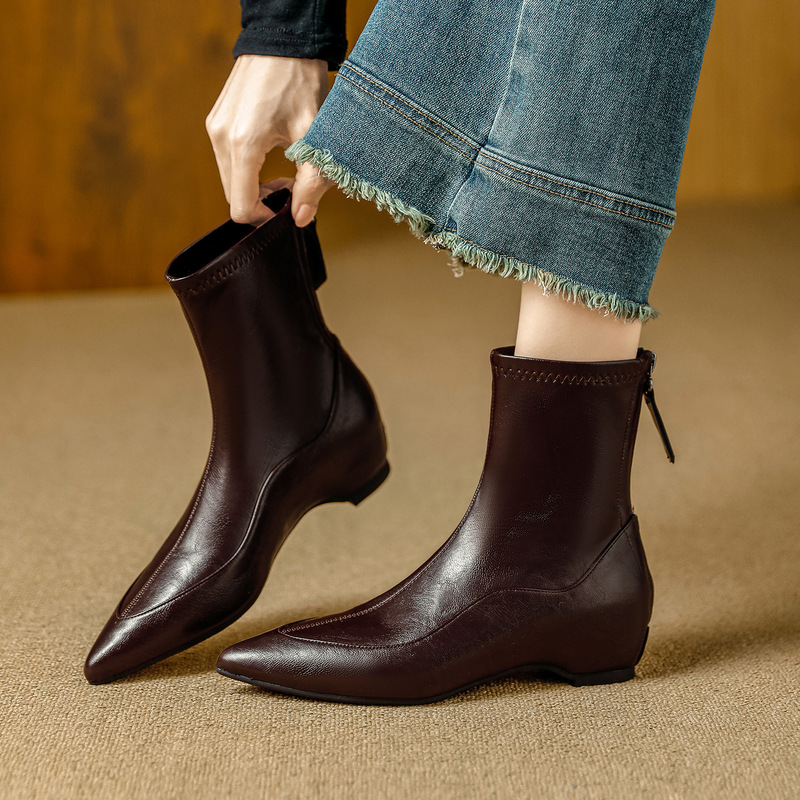 Pointed-Toe British Style Wedge-Heeled Short Boots for Women in Autumn and Winter, New Style, Not Tiring, Inner Heightening, Rear Zipper, Mid-Calf Slim Boots