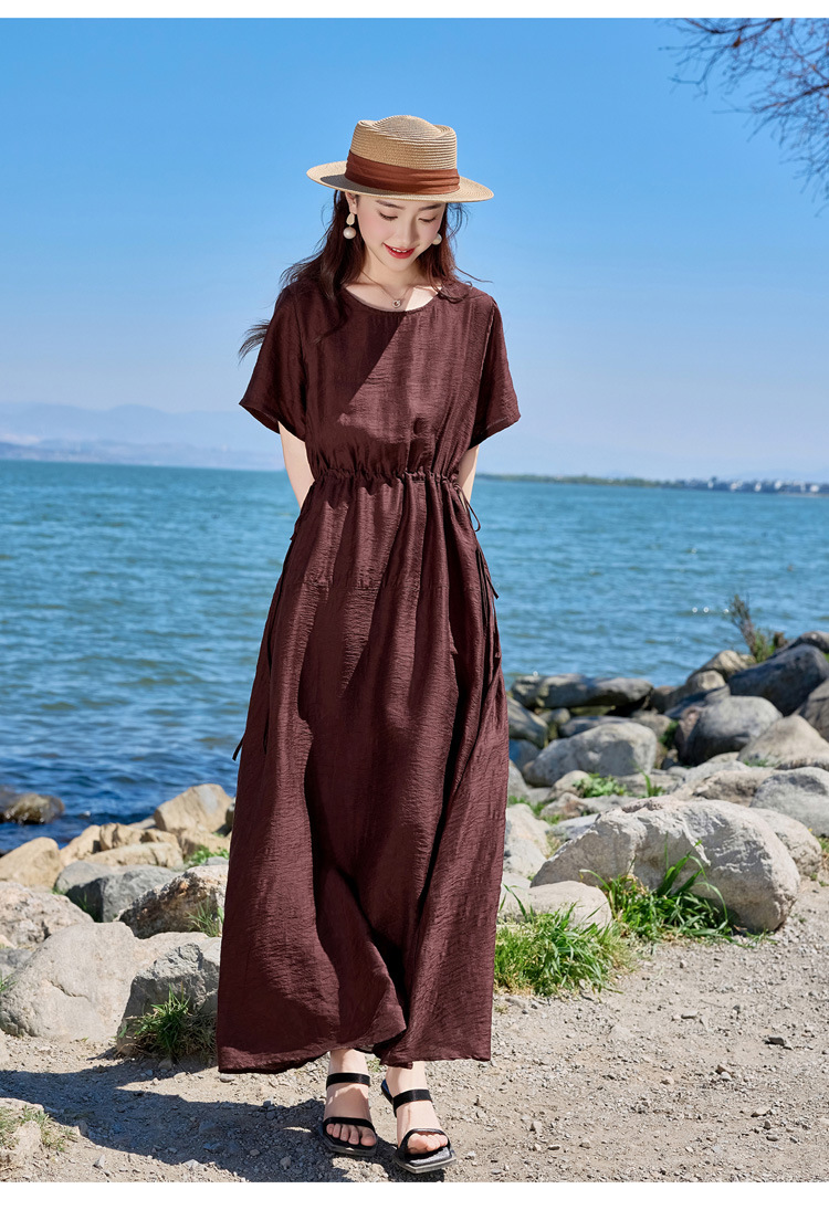 Đầm maxi nữ cổ tròn tay ngắn eo thon dáng dài — Màu đen, Màu nâu đỏ, Màu xám chi tiết 16