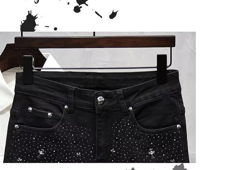 Schwarze Jeans, Trendmarke für Herren, High-End-Heavy-Industrial-Hot-Diamond-Slim-Fit, Herbst-High-Street-elastische Jeanshose_voghion.com