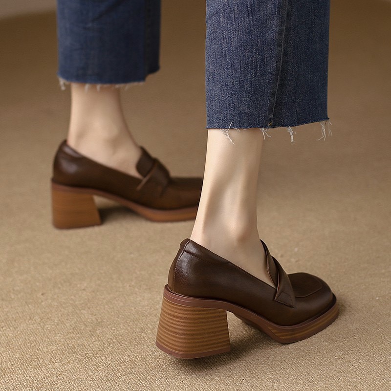 Pantofi sport Lefu cu toc gros din piele naturală, cu gura adâncă, pentru femei, cu cap pătrat, maro, impermeabili_voghion.com