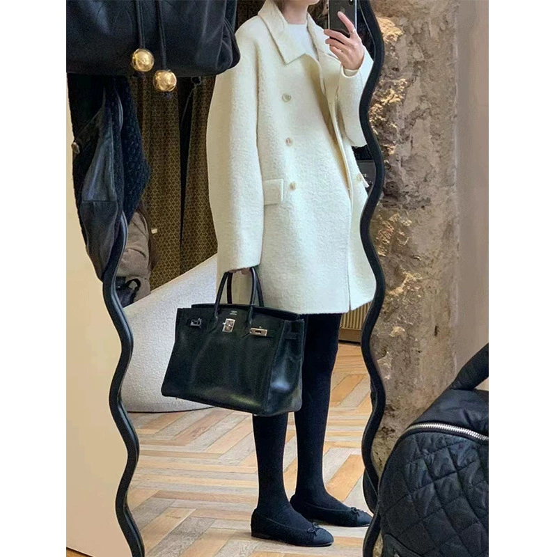 Зимнее шерстяное пальто OUN*CE в корейском стиле из Донгдэмюна, двубортное, с отложным воротником, коллекция 2025 года