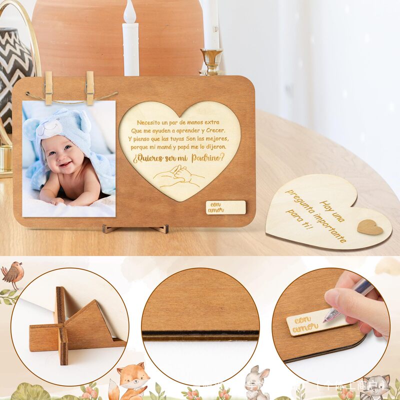 God Father Announcement Baptism Gift Wooden Photo Frame Birthday Memorial Gift Home Creative Decoration Desktop Ornaments