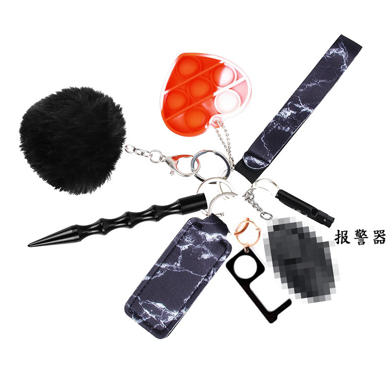 Amazon explosive self-defense keychain female anti-wolf alarm 8-piece set decompression toy fur ball keychain batch
