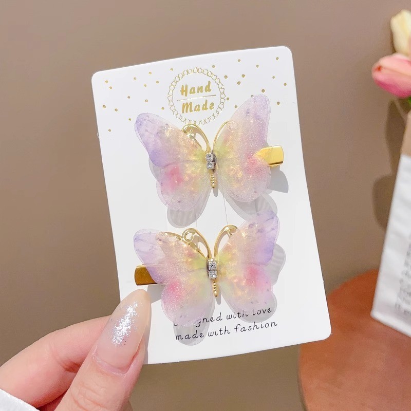 8#Pinzas para el cabello con diseño de mariposa degradada en amarillo y morado, 1 par.