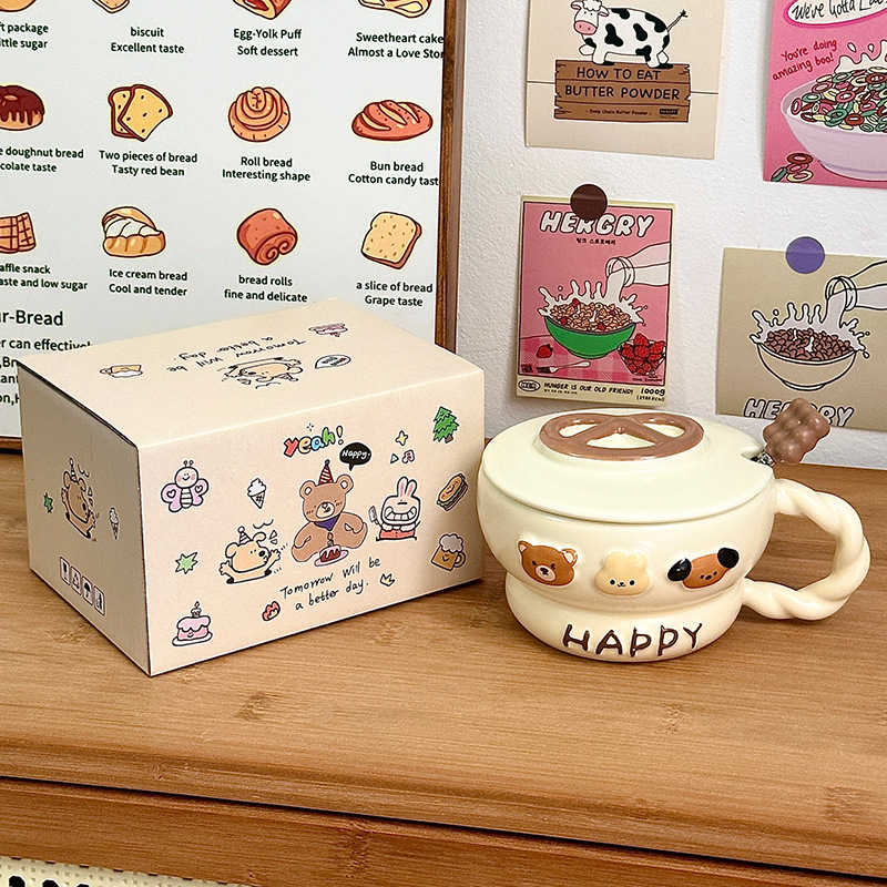 Taza de cerámica Taza de agua para el hogar Taza con tapa Cuchara Regalo de cumpleaños creativo Taza de desayuno femenino Regalo de mano de gran capacidad